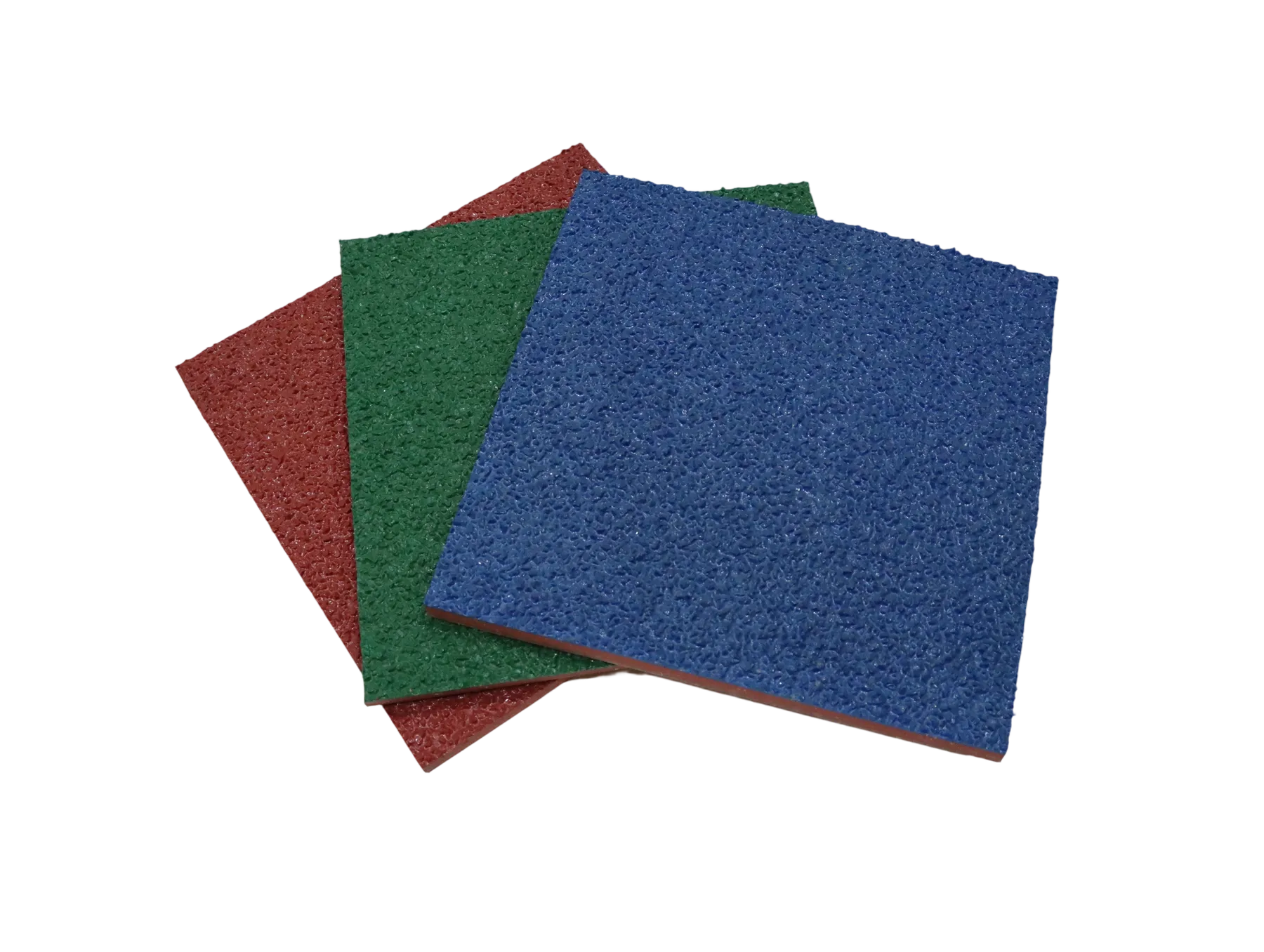 Red, green and blue finished resilient-surface material samples