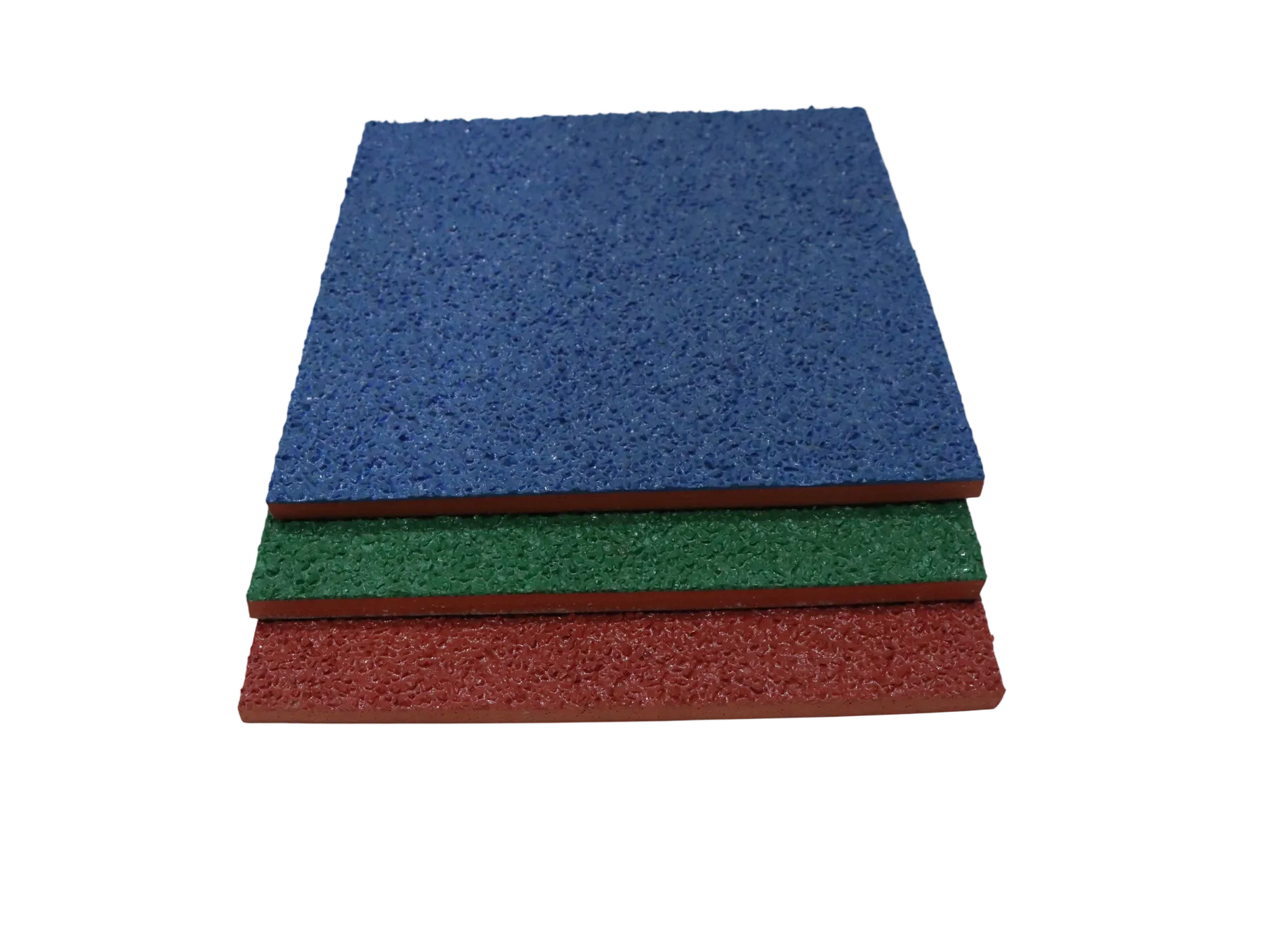 Stacked red, green and blue resilient surface sample pieces
