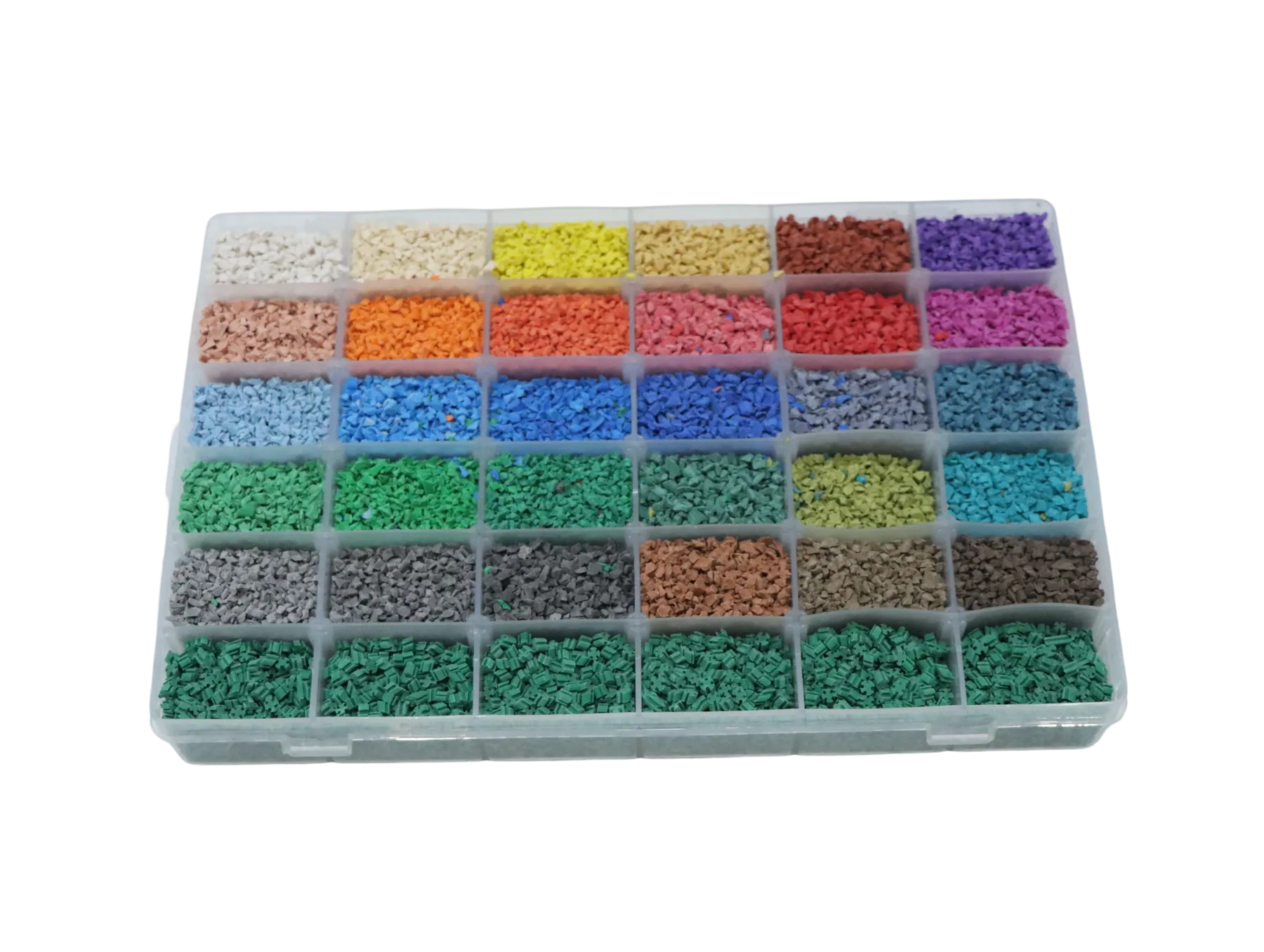 Tray containing multiple physical EPDM rubber granule colours